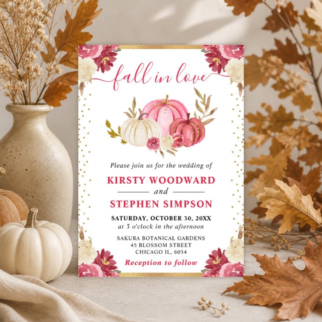 Invitation Citrouilles Fleuris Rose et Or Mariage d'Automne (Créateur téléchargé)