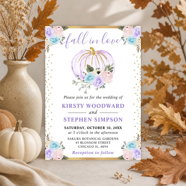 Invitation Citrouilles Fleuris Rose Pâle et Bleu pour Mariage (Créateur téléchargé)