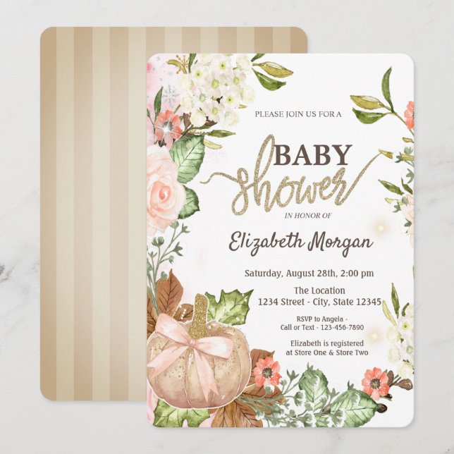 Invitation Citrouilles Fleurs Feuilles Rayures Baby Shower (Devant / Derrière)