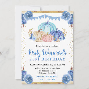 Invitation Citrouilles Florales Bleues et Dorées Anniversaire