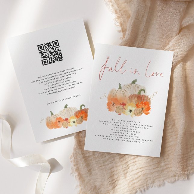 Invitation Citrouilles Florales Code QR Pailleté Tombez amour (Créateur téléchargé)
