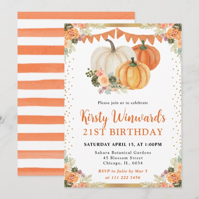 Invitation Citrouilles Florales Orange Anniversaire 21 Automn (Devant / Derrière)