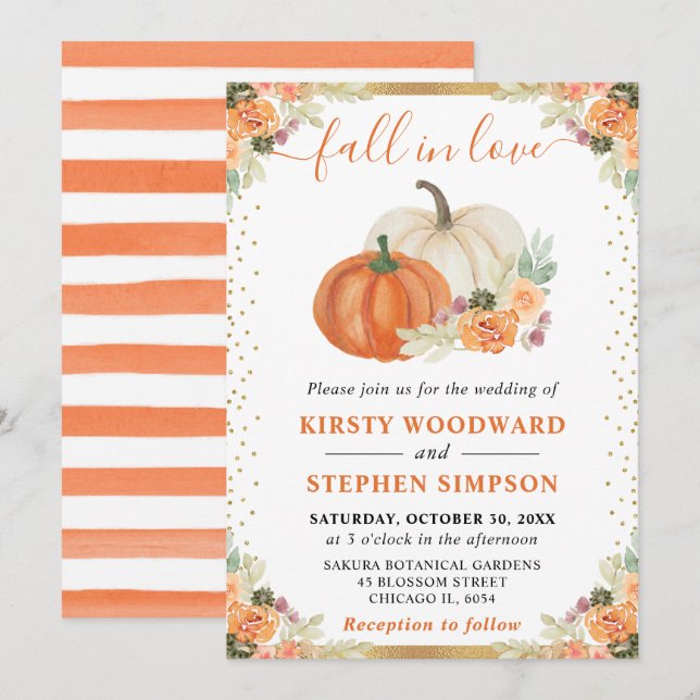 Invitation Citrouilles Florales Orange et Blanches Mariage d' (Devant / Derrière)