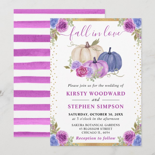 Invitation Citrouilles Florales Violettes et Bleues Mariage d (Devant / Derrière)