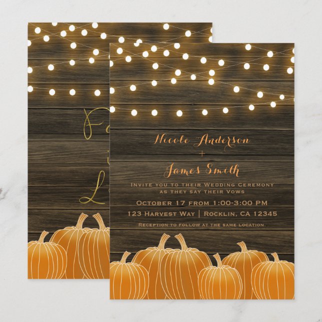 Invitation Citrouilles Lumineuses pour Mariage Rustique de Rê (Devant / Derrière)