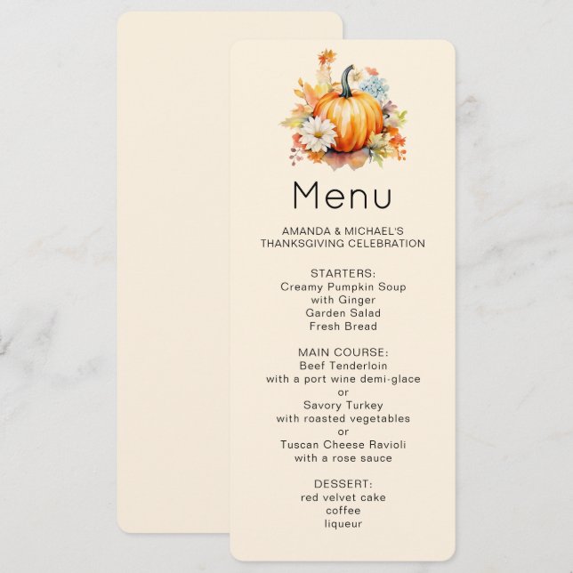 Invitation Citrouilles oranges et fleurs Menu d'automne (Devant / Derrière)