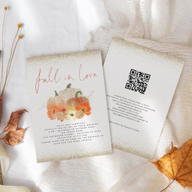 Invitation Citrouilles QR Code Pailleté Or Tombez Amoureux Ma (Créateur téléchargé)