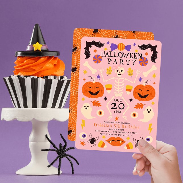 Invitation Citrouilles squelettes fantômes rose Halloween ann (Créateur téléchargé)