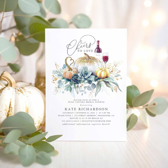 Invitation Citrouilles Succulents Automne Vin Dégustation Fêt (Cheers to Love - Bridal Shower Invitations with Pumpkins and Succulents Greenery)