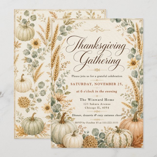 Invitation Citrouilles Tournesols Élégants Thanksgiving (Devant / Derrière)