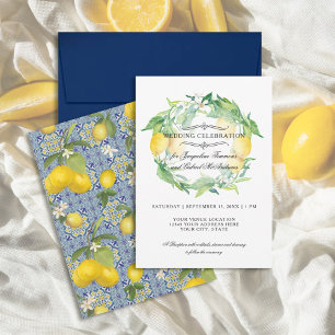 Invitation Citrus citron bleu floral Carrelage Mariage d'aqua