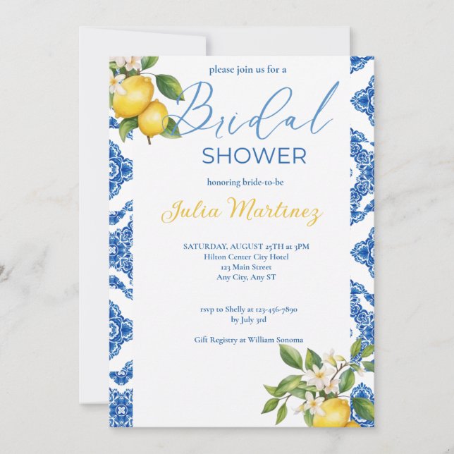 Invitation Citrus Citron Carrelage bleu Bridal Douche Invitat (Devant)