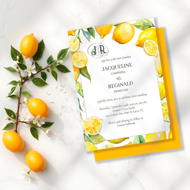 Invitation Citrus citron moderne Vibrant Gras Monogramme Mari (Créateur téléchargé)