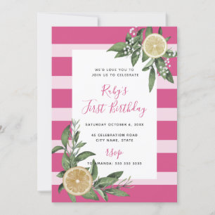 Invitation Citrus citron rose doux premier anniversaire