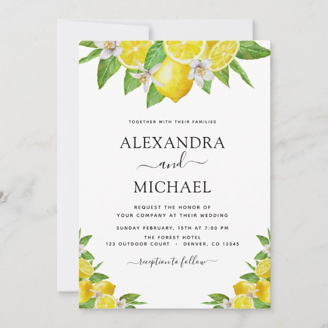 Invitation Citrus Citrus Aquarelle Jaune Mariage (Devant)