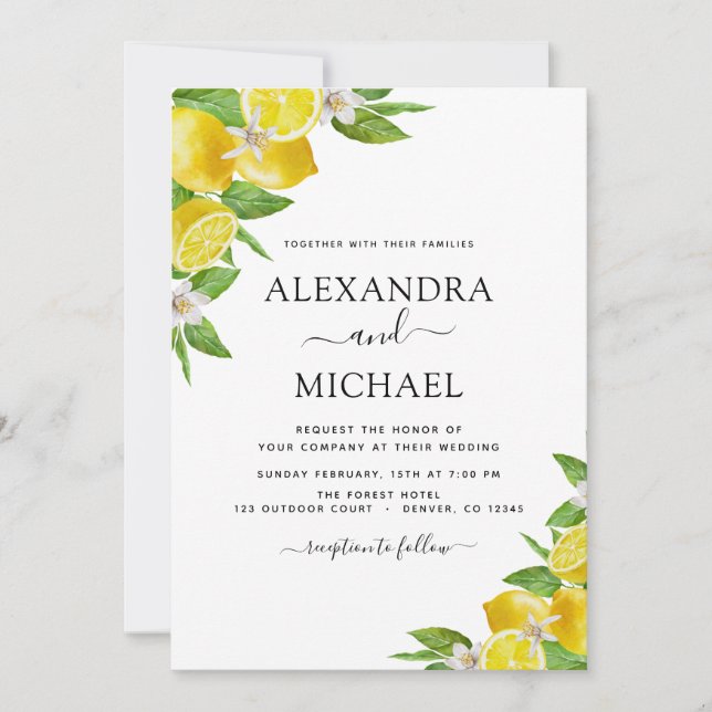 Invitation Citrus Citrus Aquarelle Jaune Mariage (Devant)