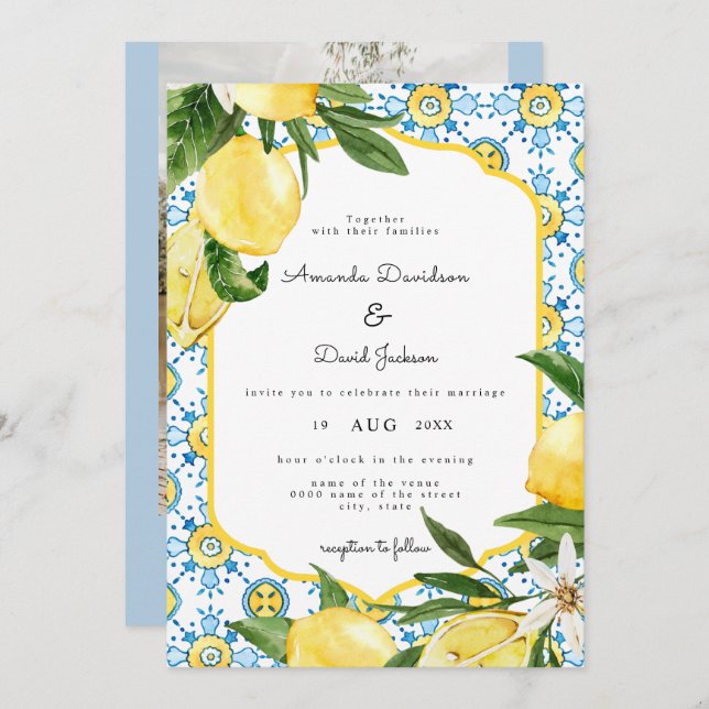 Invitation Citrus Citrus Citron jaune Mariage moderne italien (Devant / Derrière)