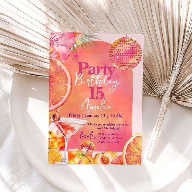 Invitation Citrus Cocktail Tropical Disco Arche Anniversaire (Citrus Cocktail Tropical Disco Arch Birthday Invitation)