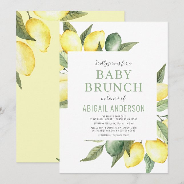 Invitation Citrus d'aquarelle de citron Brunch pour bébé mode (Devant / Derrière)