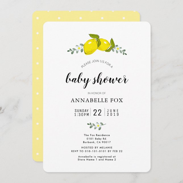 Invitation Citrus de citron floral Baby shower élégant (Devant / Derrière)