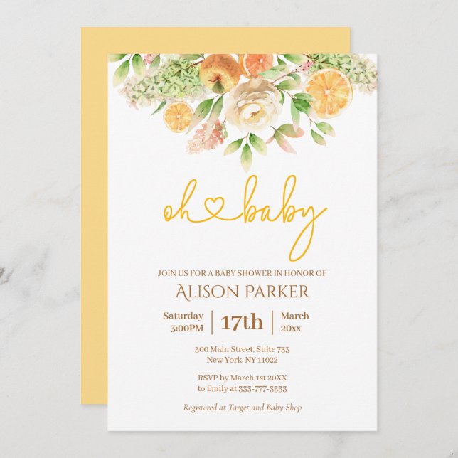 Invitation Citrus de rose jaune Floral Élégant Baby shower de (Devant / Derrière)