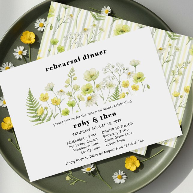 Invitation Citrus Fleur Sauvage Rayure Fantôme Répétition de  (Rehearsal Dinner Invitation - from Citrus Green Wildflower wedding collection by Darling & May)