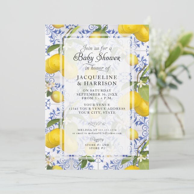 Invitation Citrus floral citron Baby shower bleu blanc (Debout devant)