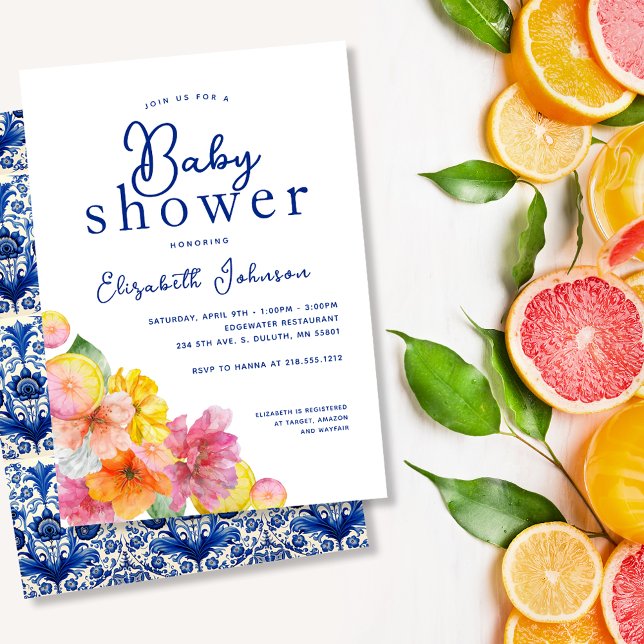 Invitation Citrus Floral Citron Bleu Carrelage Baby shower (Citrus Floral Lemon Blue Tile Baby Shower Invitation)