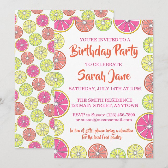 Invitation Citrus Fruit Citron Lime Orange Grappe (Devant / Derrière)