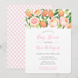 Invitation Citrus Garden Roses Quatrefoil Girl Baby shower
