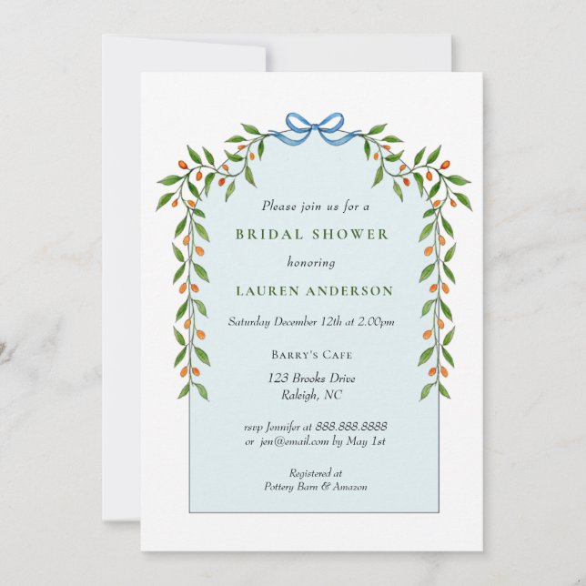 Invitation Citrus garland Arch bleu pâle Douche nuptiale (Devant)