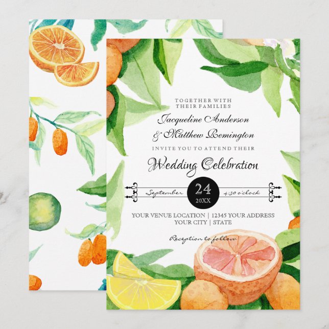 Invitation Citrus Kumquat Lemons Orange Typographie Leaf (Devant / Derrière)