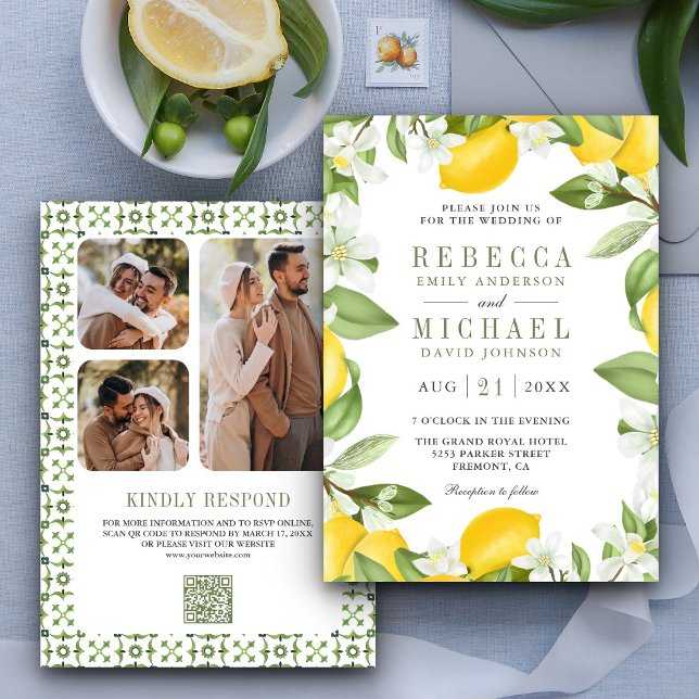 Invitation Citrus Lemon Orchard Photo Collage QR Code Mariage (Créateur téléchargé)