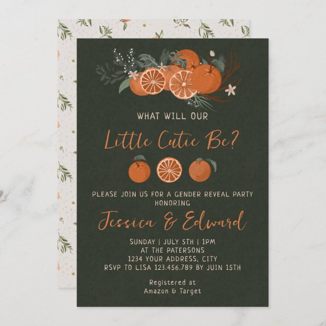 Invitation Citrus Orange Vert Petite Cutie Révélation de genr (Devant / Derrière)