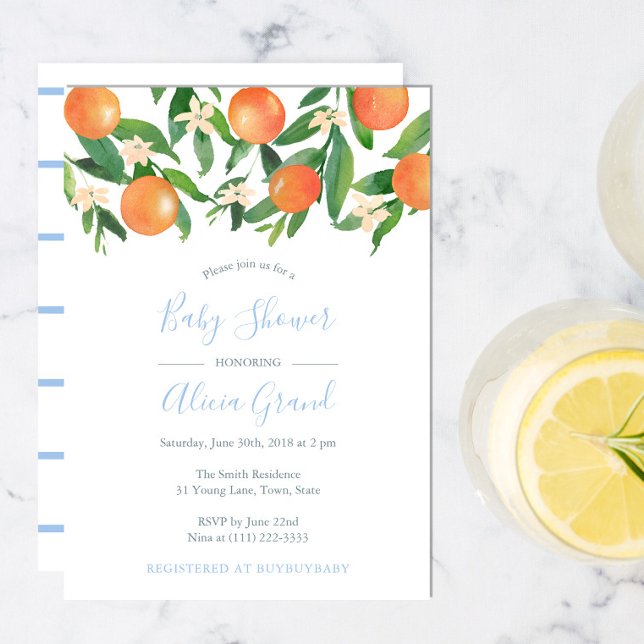 Invitation Citrus Oranges Poudre Blue Accents Baby shower gar (Créateur téléchargé)