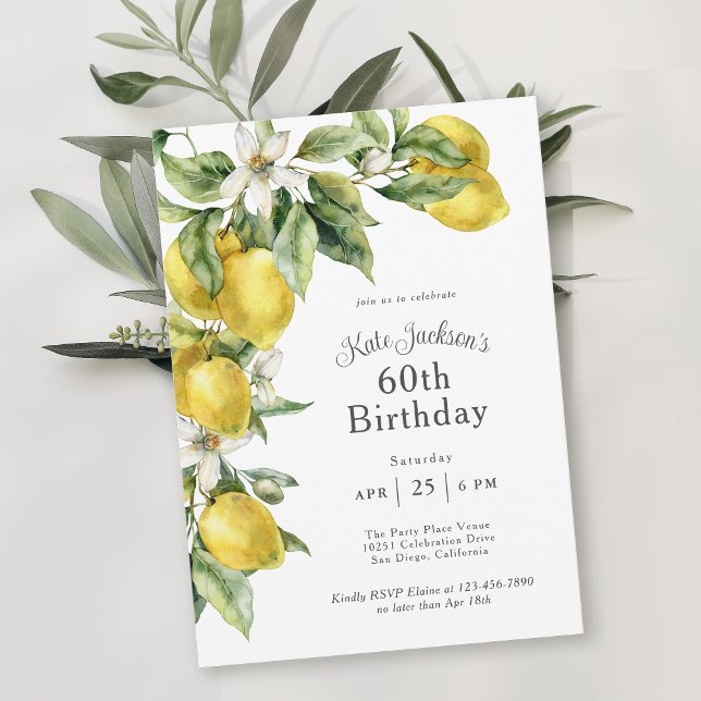 Invitation Citrus rustique Aquarelle Citrons 60e anniversaire (Available in both printed and digital download formats.)
