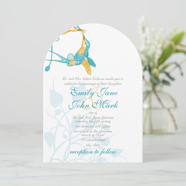 Invitation Citrus Turquoise Jaune Hummingbird Kiss Mariage (Debout devant)