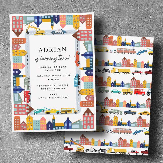 Invitation City Transportation Vehicles Truck Second Birthday (City Transportation Vehicles Truck Second Birthday Invitation)