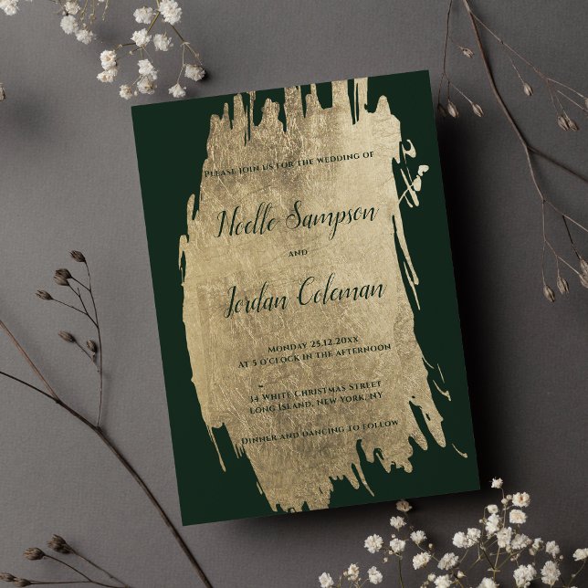 Invitation Clair brush or vert foncé brokies chic mariage (Classy dark green gold brush strokes chic wedding)