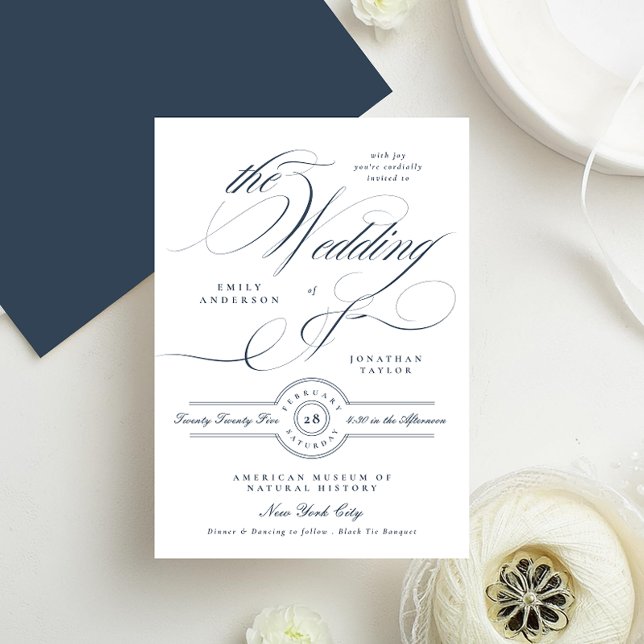Invitation Clair Élégant Calligraphie Marine Mariage bleu (Créateur téléchargé)