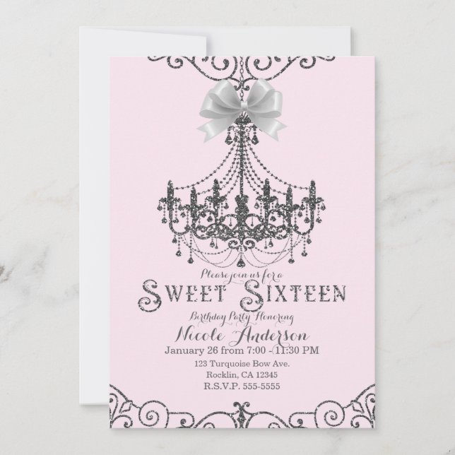 Invitation Clair rose pâle Silver Blanc Bow Sweet 16 Seteen (Devant)