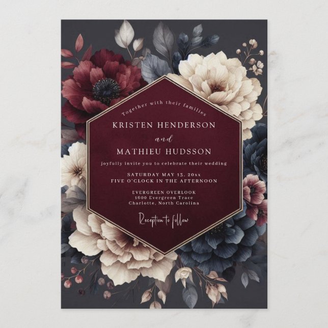 Invitation Claret Midnight Flora Wedding (Devant)