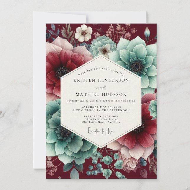 Invitation Claret Teal Moody Bloom Wedding (Devant)