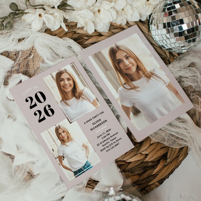 Invitation Class of 2023 | Three Photo Blush Pink Grad Party (Créateur téléchargé)