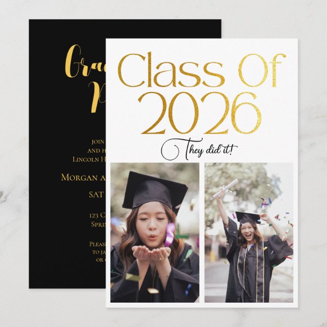 Invitation Class of 2026 2 Photo Twins Black Gold Typography (Devant / Derrière)