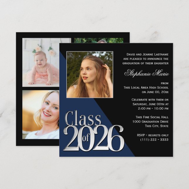 Invitation Class of 2026 Silver Grad Blue with Photo (Devant / Derrière)