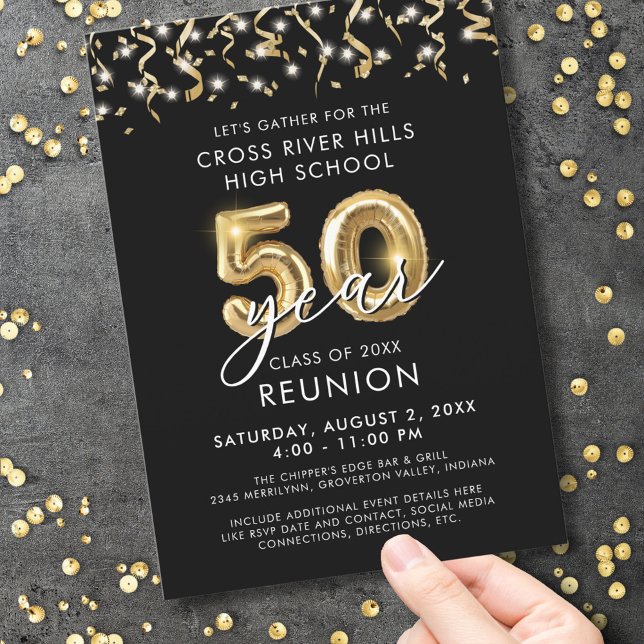 Invitation Classe 50 ans Retrouvailles Black Gold Streamers (Créateur téléchargé)