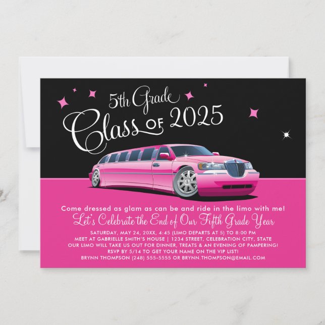 Invitation Classe 5e Classe Fille Pink Limousine Night Out (Devant)