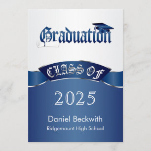 Invitation Classe, bleu argenté Mortier & diplôme Graduation