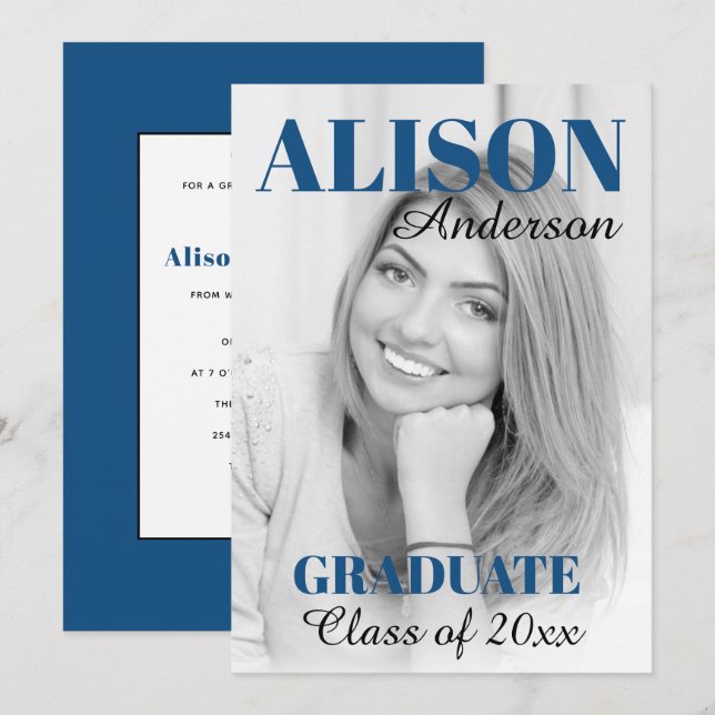 Invitation Classe bleue classique de 2025 photo de graduation (Devant / Derrière)